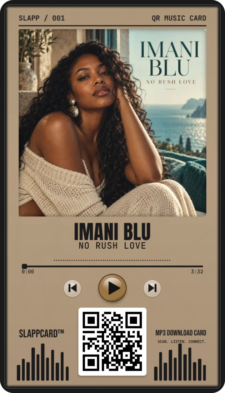 Front of IMANI BLU’s No Rush Love music download card
