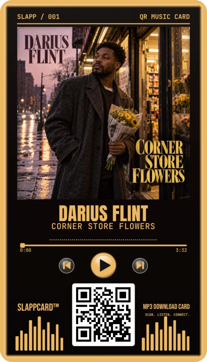 Front of DARIUS FLINT’s Corner Store Flowers music download card