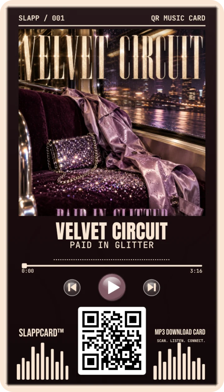 Sample card: VELVET CIRCUIT · Paid in Glitter