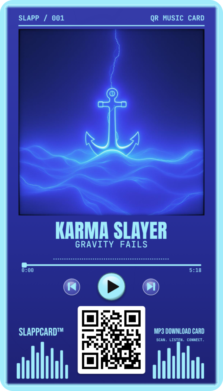 Karma Slayer: GRAVITY FAILS, front of a Slappcard