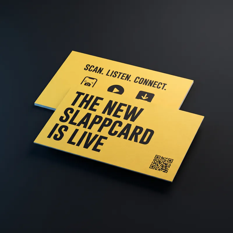 Two yellow cards in bold black type, one showing camera, play and download icons and one with a QR code