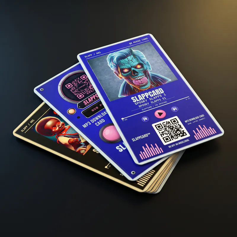 A fanned stack of three Slappcards in different designs, the top one with cover art, play controls and a QR code