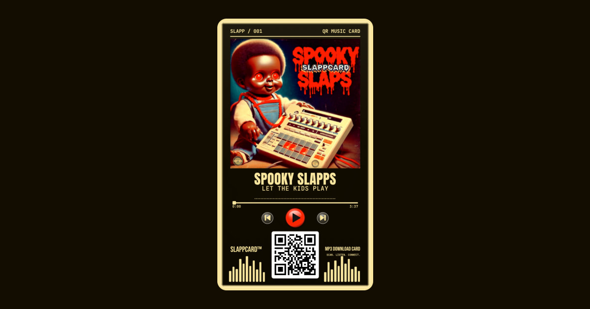 A Slappcard in the Bold design: LET THE KIDS PLAY by SPOOKY SLAPPS, a 2 by 3.5 inch card with its cover art and the QR code that plays it